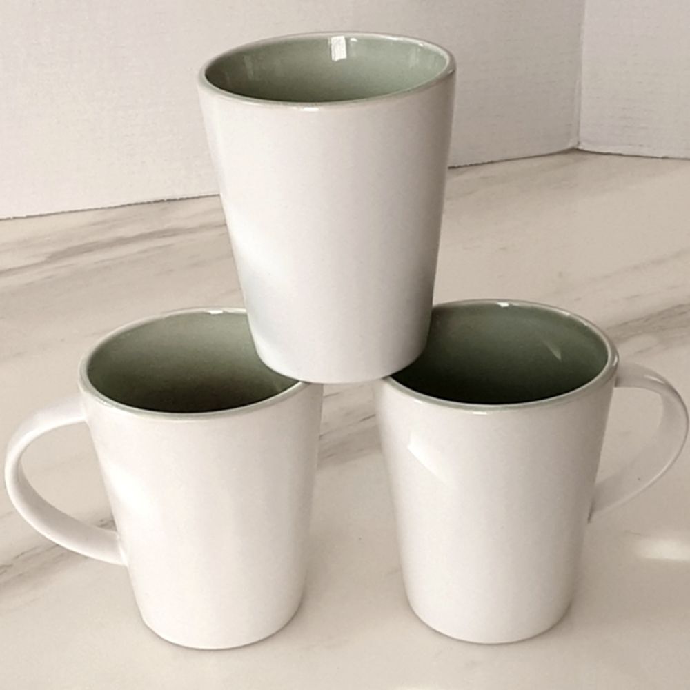 3 PIER 1 IMPORTS DUSK JADE Crackle Green Smooth White Stoneware Coffee Mugs
